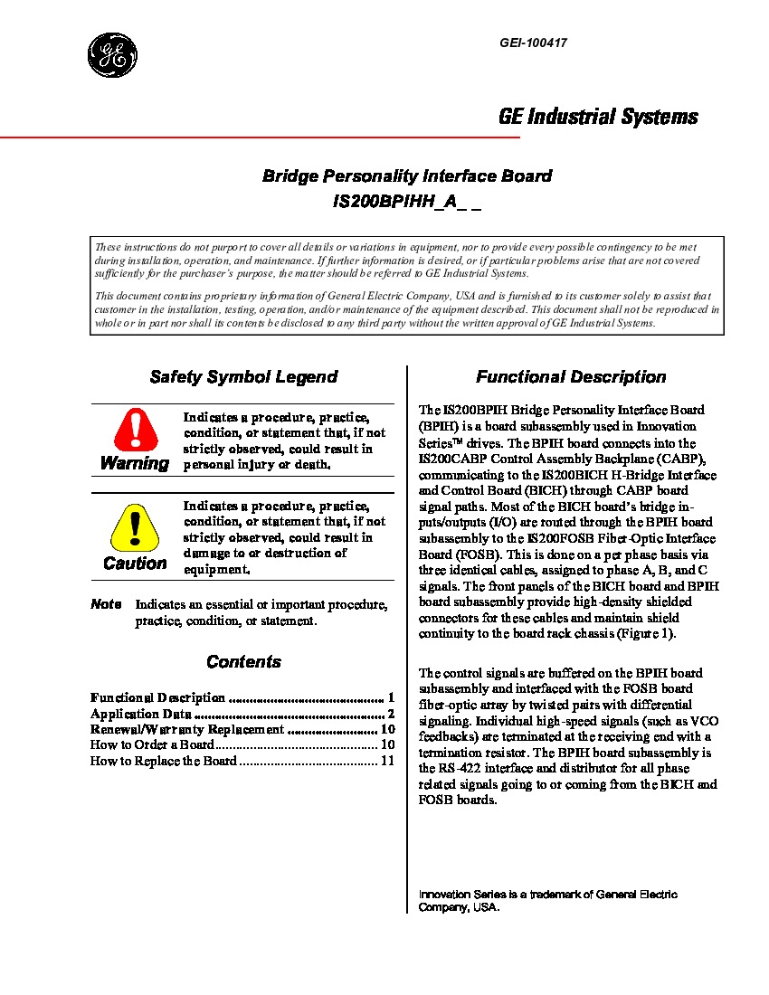 First Page Image of IS200BPIHH Bridge Personality Interface Board GEI-100417.pdf